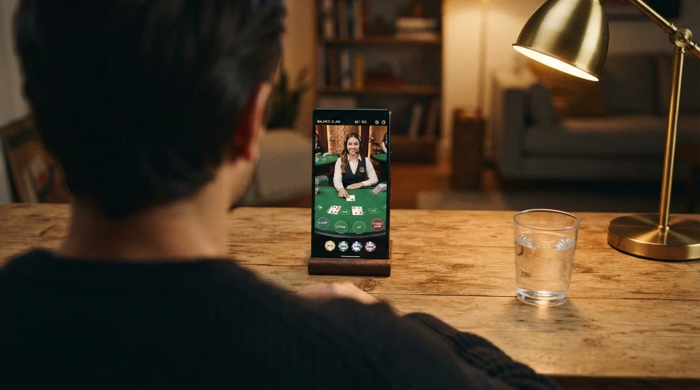A live blackjack or roulette table streamed to an iPhone screen with the betting interface visible