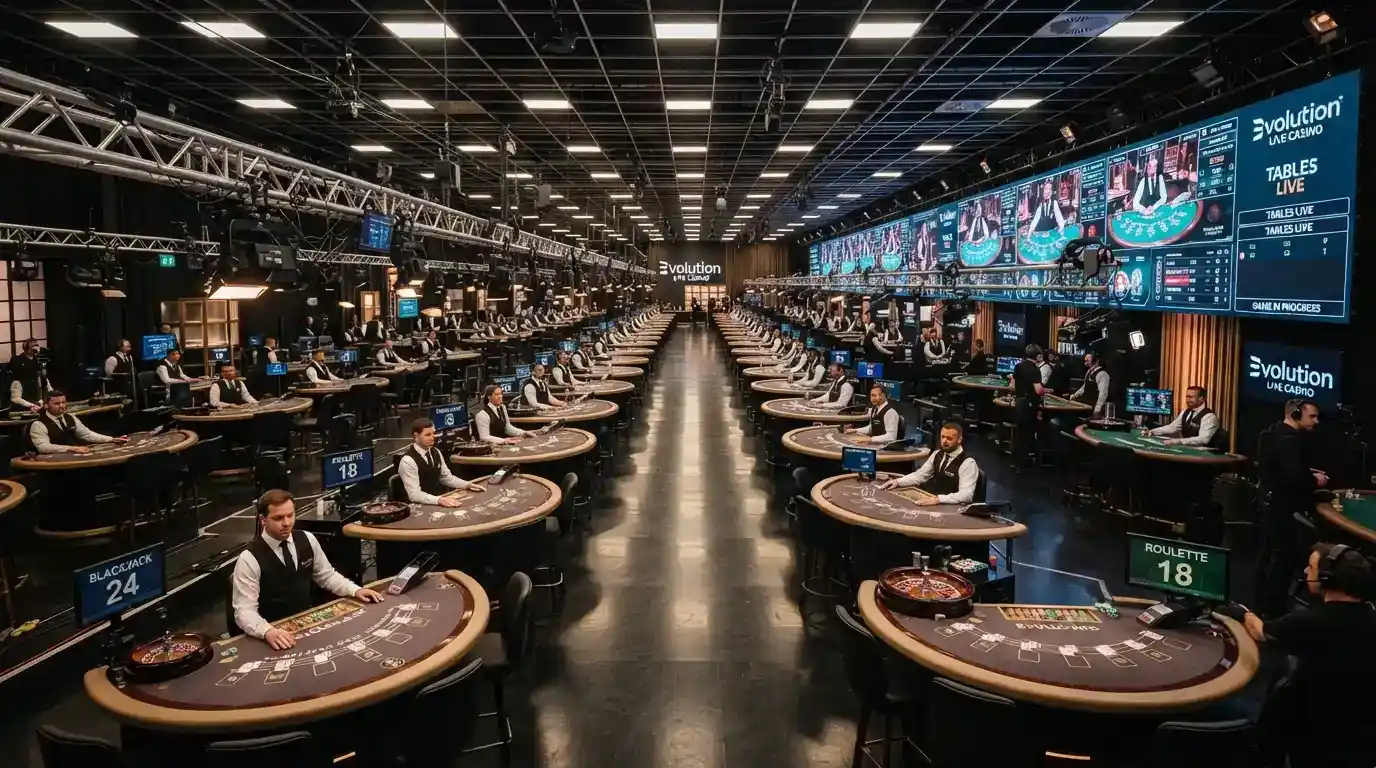 A wide shot of a live-casino studio floor showing rows of blackjack and roulette tables, each with a dealer, overhead cameras and production lighting