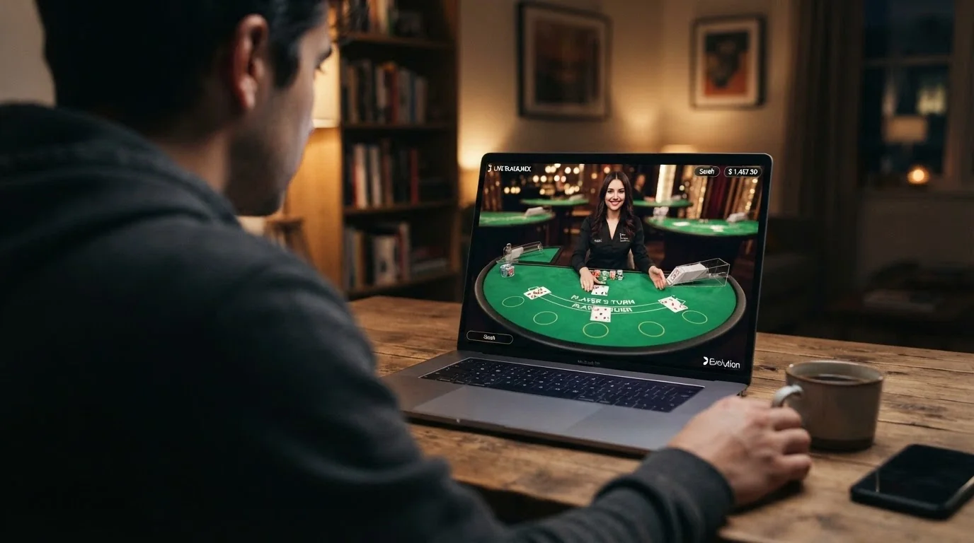 A live-dealer blackjack table from a player's perspective with a USDT balance overlay in the corner