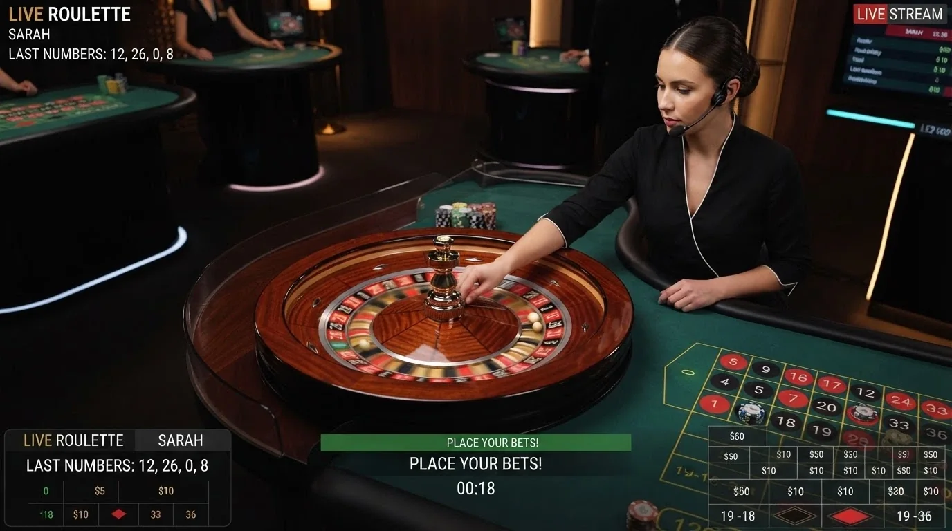 A live-dealer roulette table in a professional studio, with a croupier mid-spin and betting-grid overlay on screen, streamed in high definition