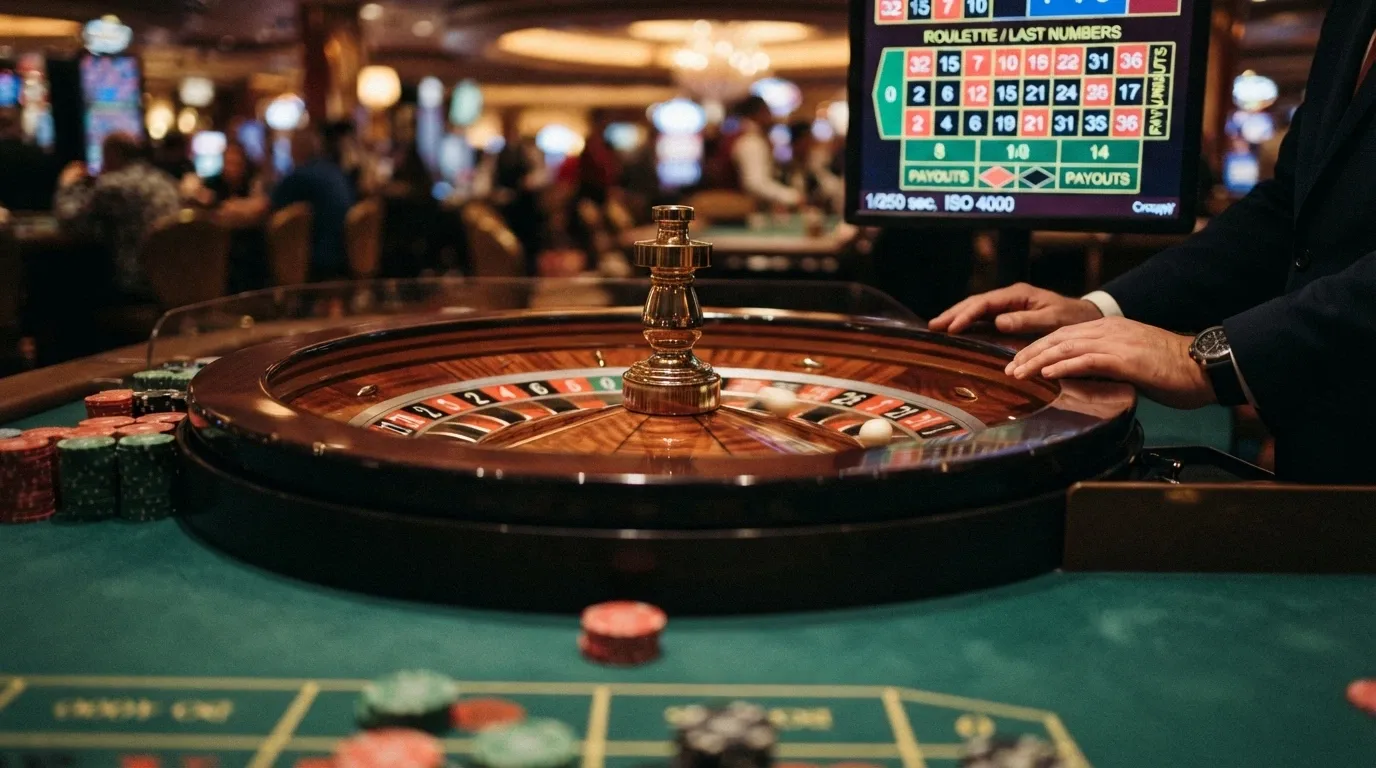 A live roulette wheel mid-spin with the ball visible in a pocket, the betting grid displayed on-screen and the dealer watching the outcome
