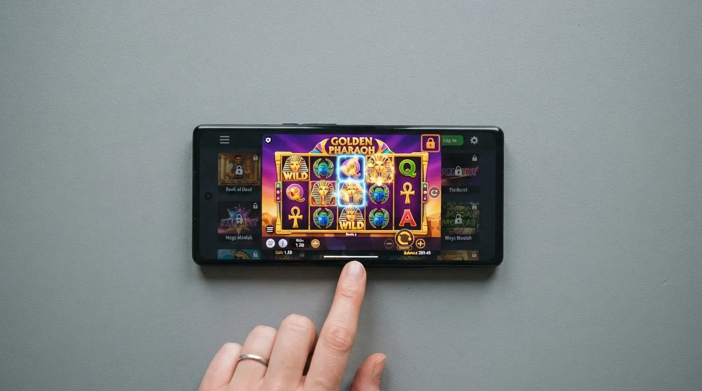 A smartphone screen displaying a single Pragmatic Play pokie title with a padlock icon overlay, other game thumbnails greyed out in the background