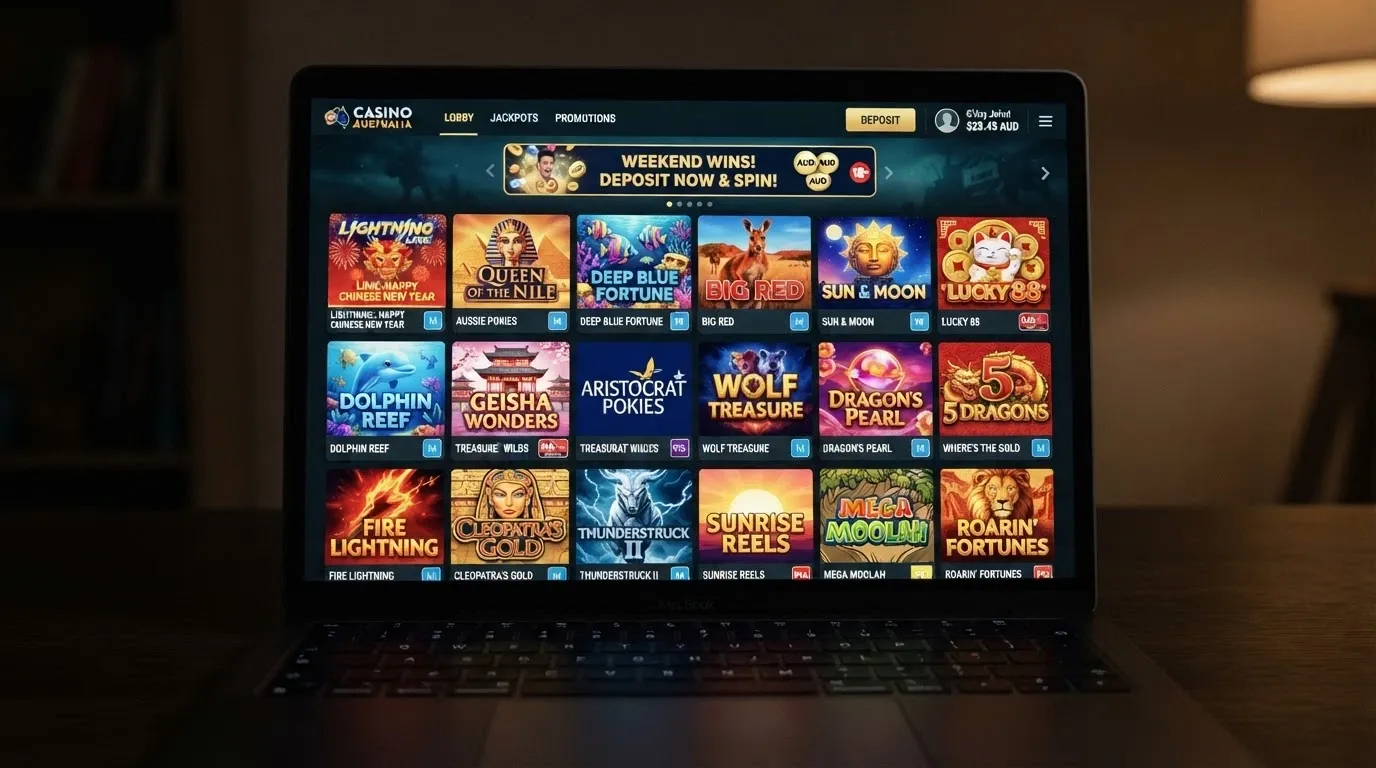 A selection of low-volatility online pokies tiles displayed in a casino game lobby