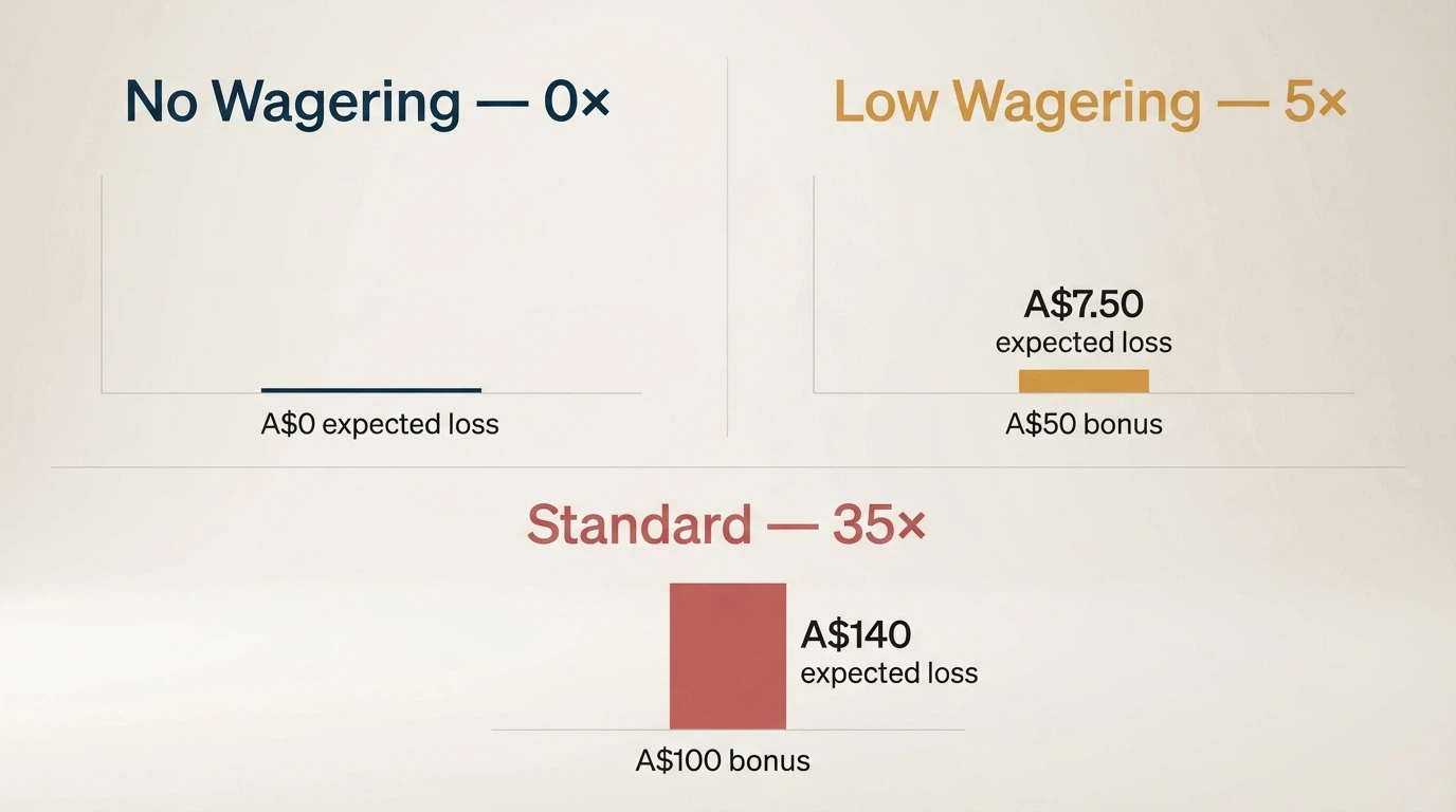 A side-by-side comparison of no-wagering and low-wagering bonus terms