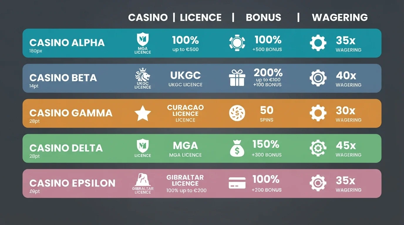A comparison grid of Litecoin casinos showing licence jurisdiction, bonus terms and wagering requirements