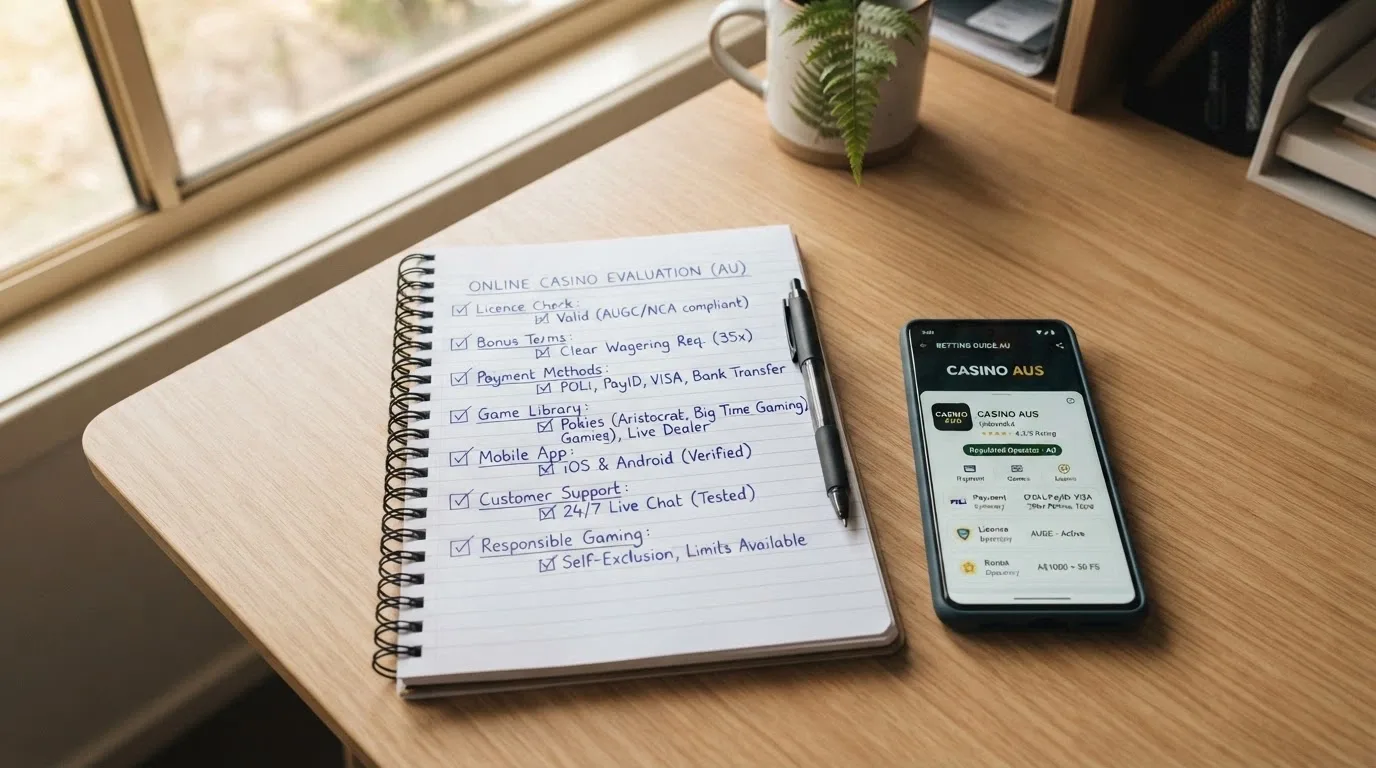 A notepad and phone side by side, the notepad showing a handwritten evaluation checklist with items for licence check, bonus terms and payment methods
