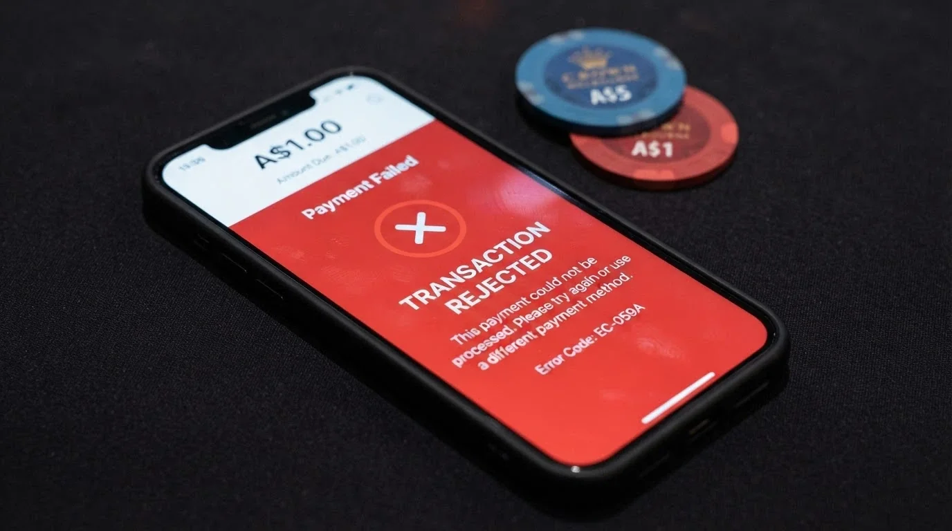 A casino cashier screen displaying a rejected A$1 deposit attempt with a red error message, a stack of Australian coins visible in the background