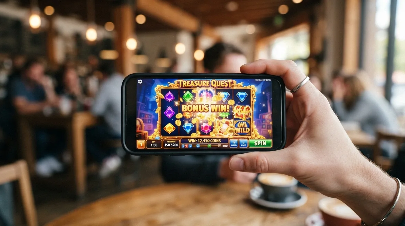 A smartphone held in hand displaying a Betsoft slot in landscape orientation through a mobile browser, casino site navigation visible