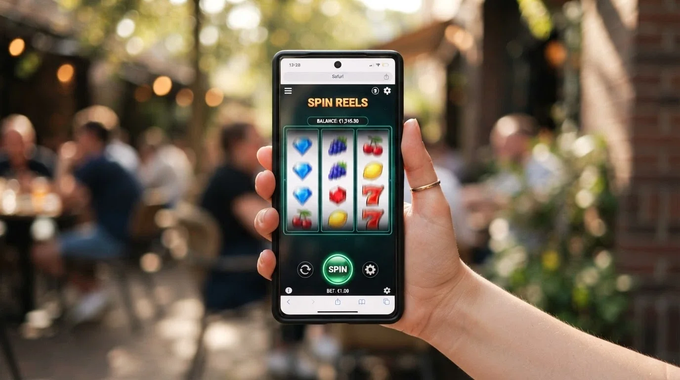A smartphone held in one hand showing a bitcoin casino pokie running in a mobile browser with the reels spinning