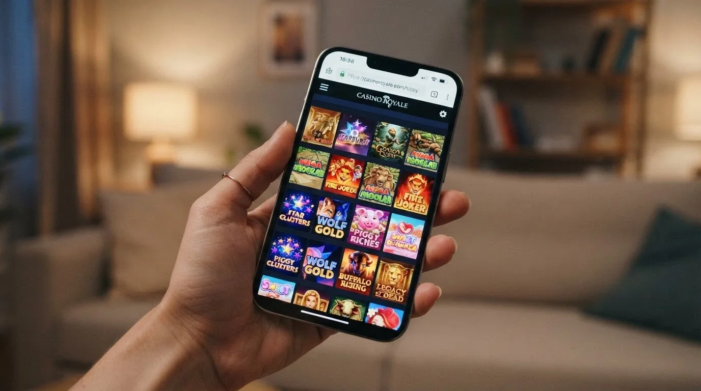 A hand holding a smartphone in landscape orientation showing a casino game grid, with no visible app icon — the browser address bar is at the top