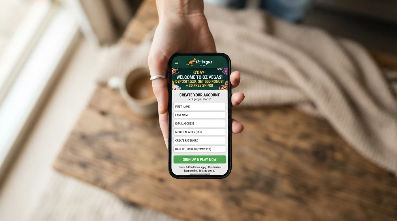 A smartphone held in one hand showing a casino registration screen with a free-spins offer, set against a home environment