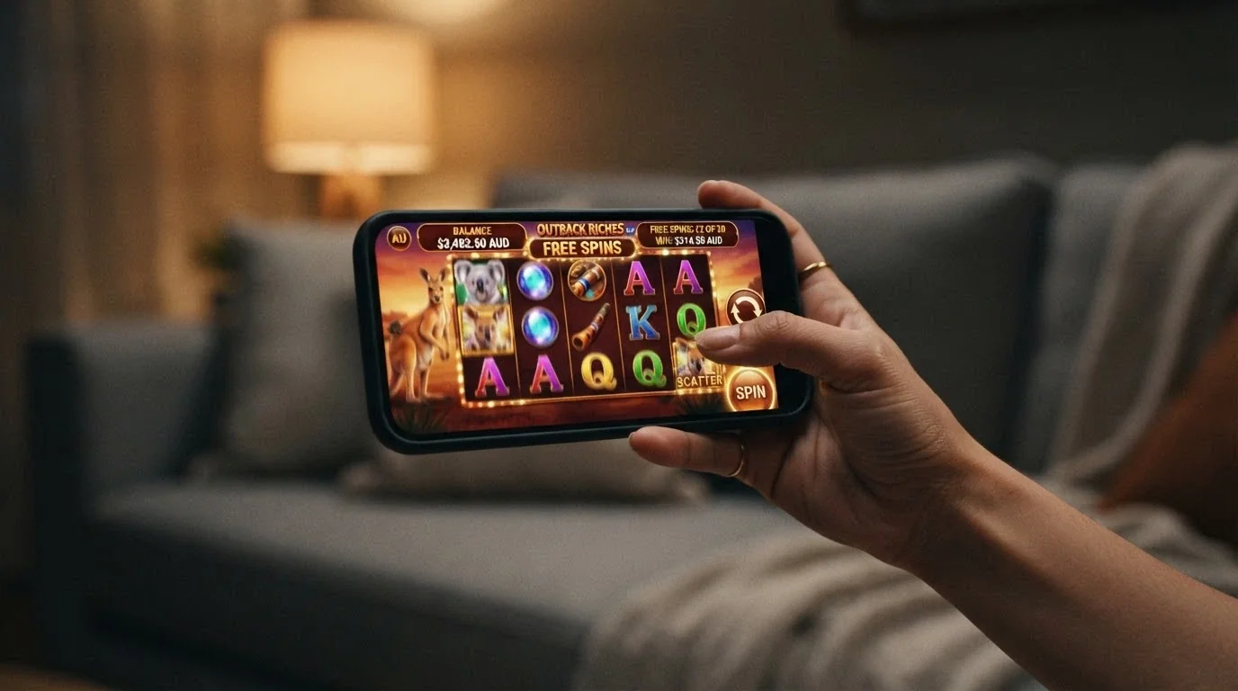 A hand holding a smartphone in landscape mode showing a pokie free-spin bonus round, thumb hovering near the spin button