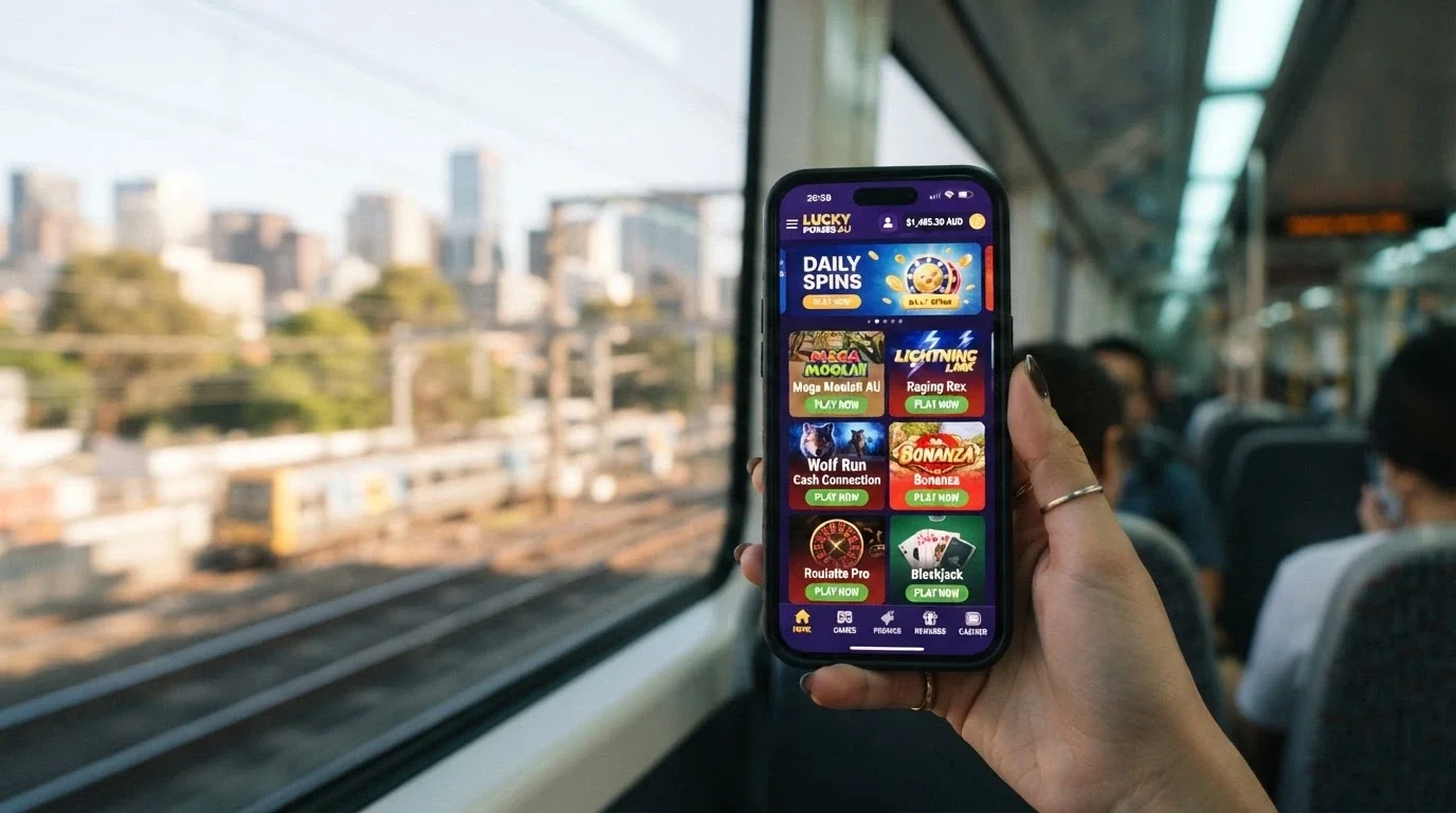 A mobile phone showing a casino game lobby on screen, held in one hand against a public-transport window, the city moving past outside