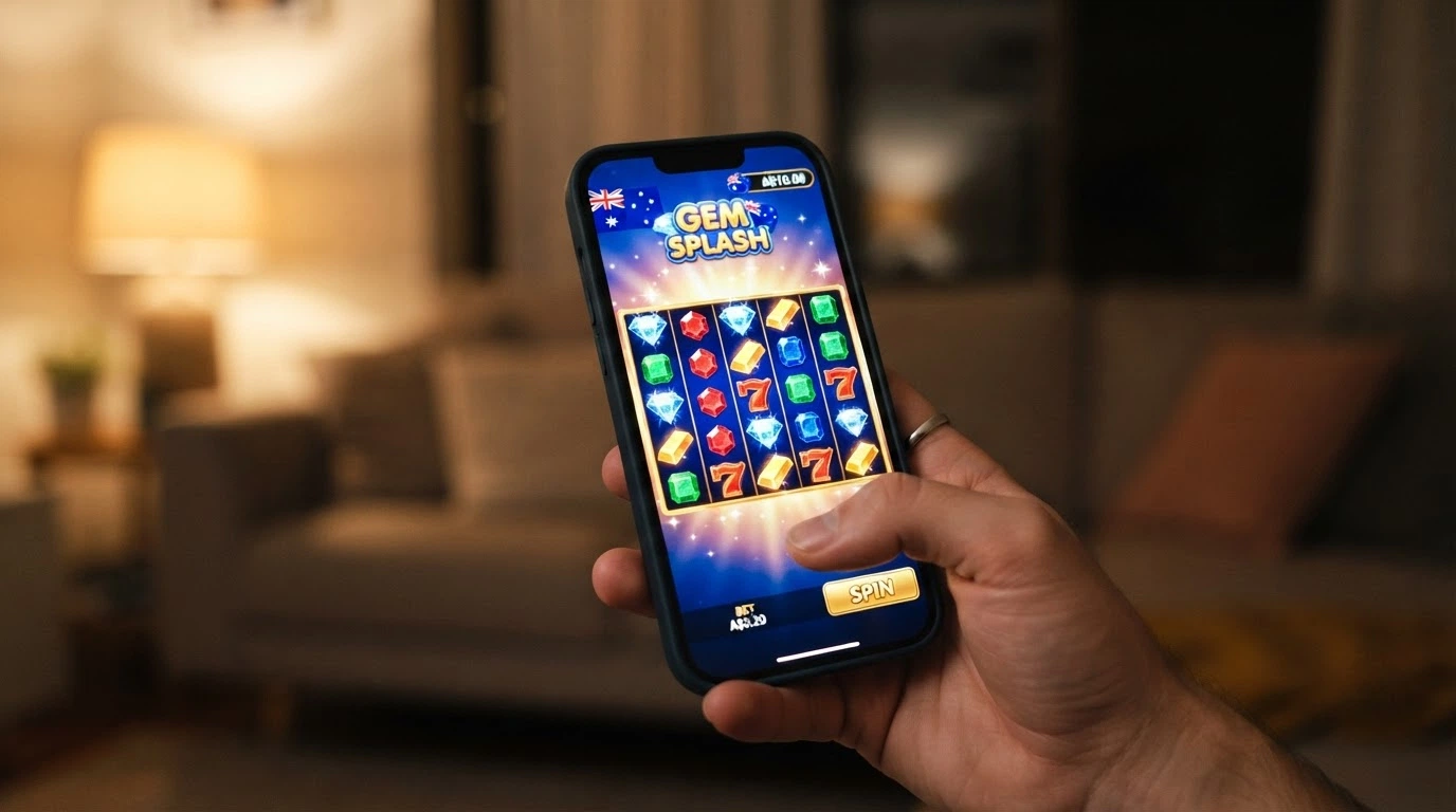 A mobile phone displaying an online pokie game with a visible credit balance after a $10 deposit