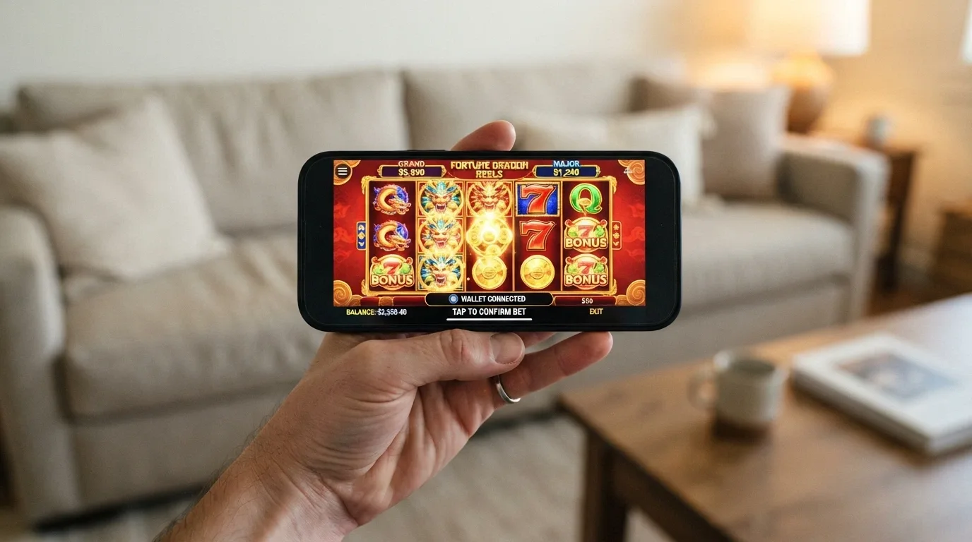 A hand holding a smartphone in landscape orientation showing a slot game in a mobile browser, with a wallet-connection prompt overlaid at the bottom of the screen