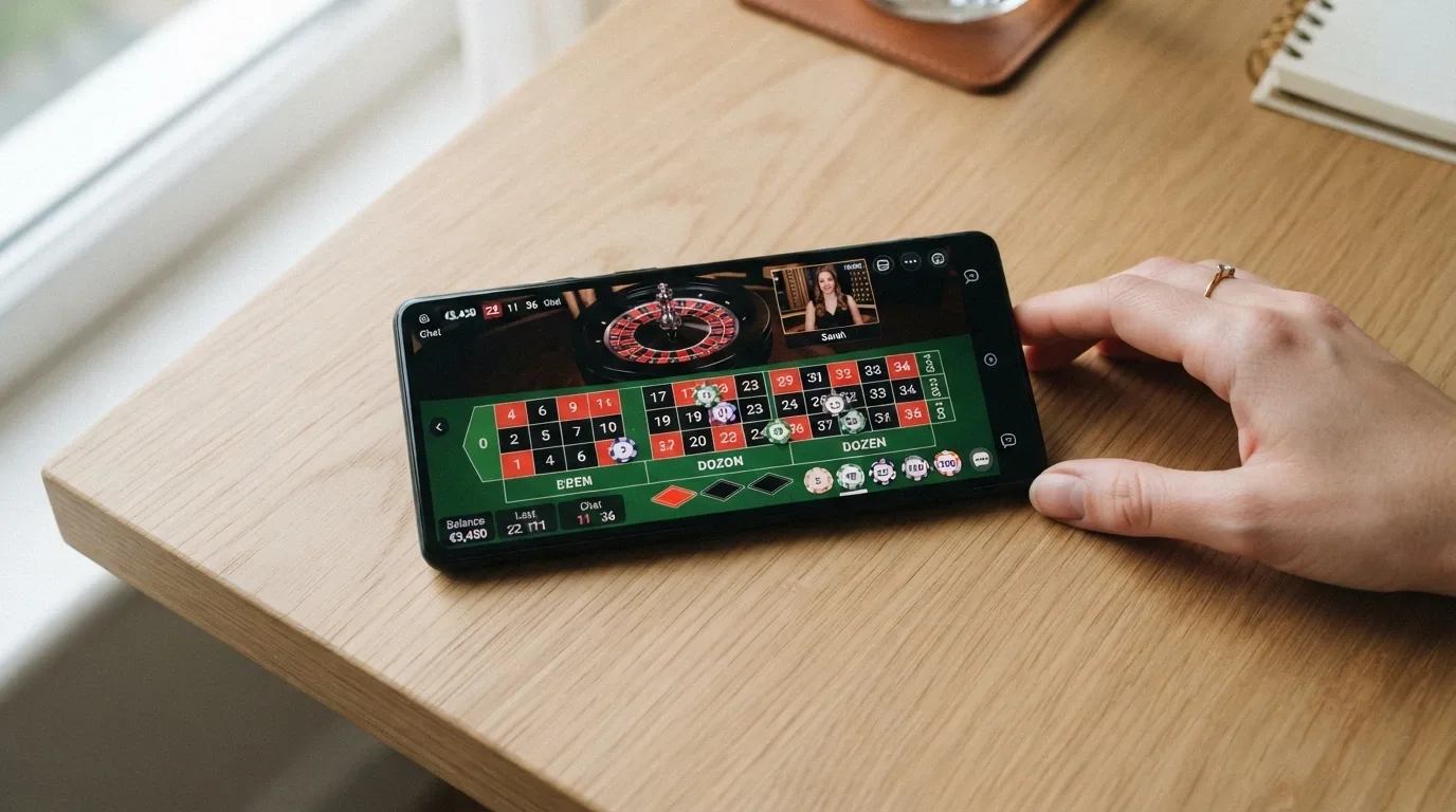 A smartphone held in landscape orientation showing a live roulette table with the betting grid overlaid, the dealer visible in the stream window above the chips