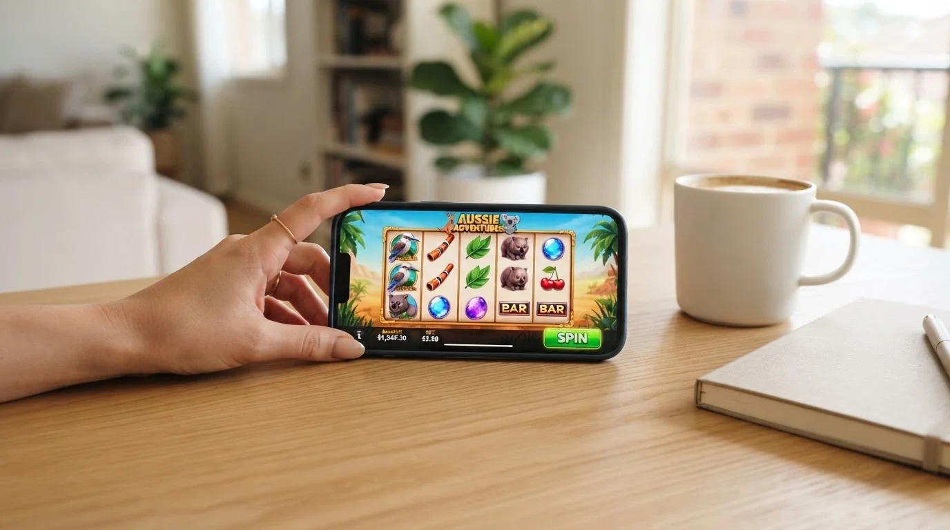 A hand holding a smartphone in landscape orientation with a pokie game visible on screen