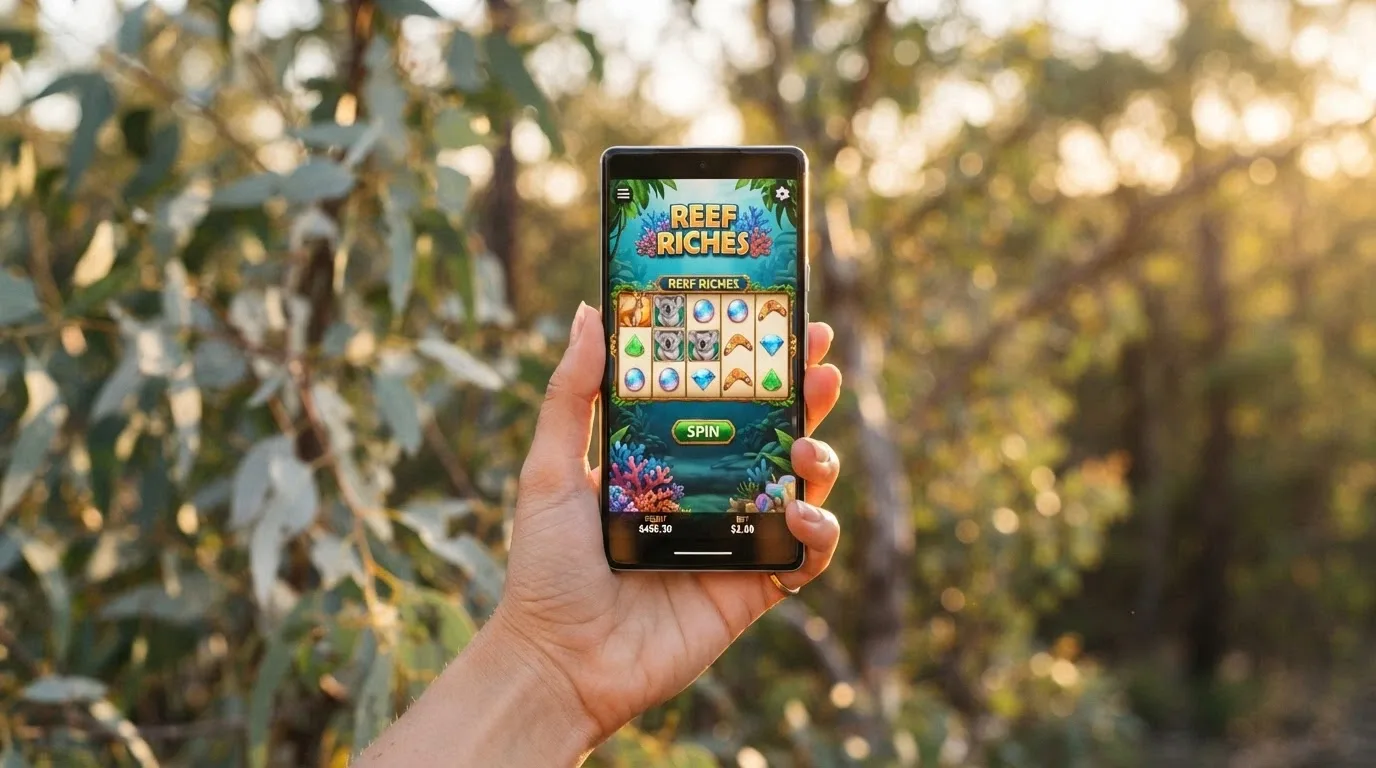 A hand holding a smartphone with a colourful pokies game displayed on screen, outdoors with Australian sunlight and eucalyptus in the background