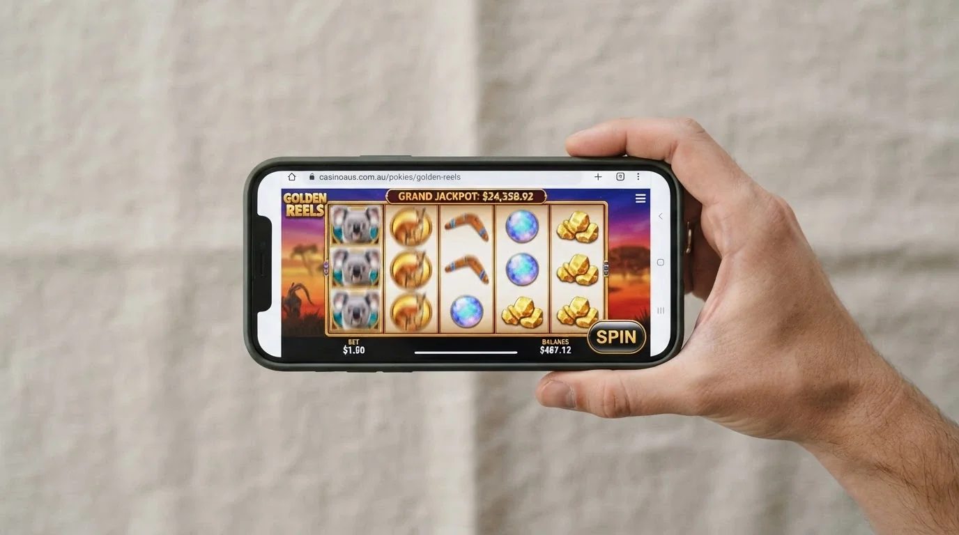 A hand holding a phone in landscape orientation with a pokies game running in a mobile browser, the URL bar faintly visible