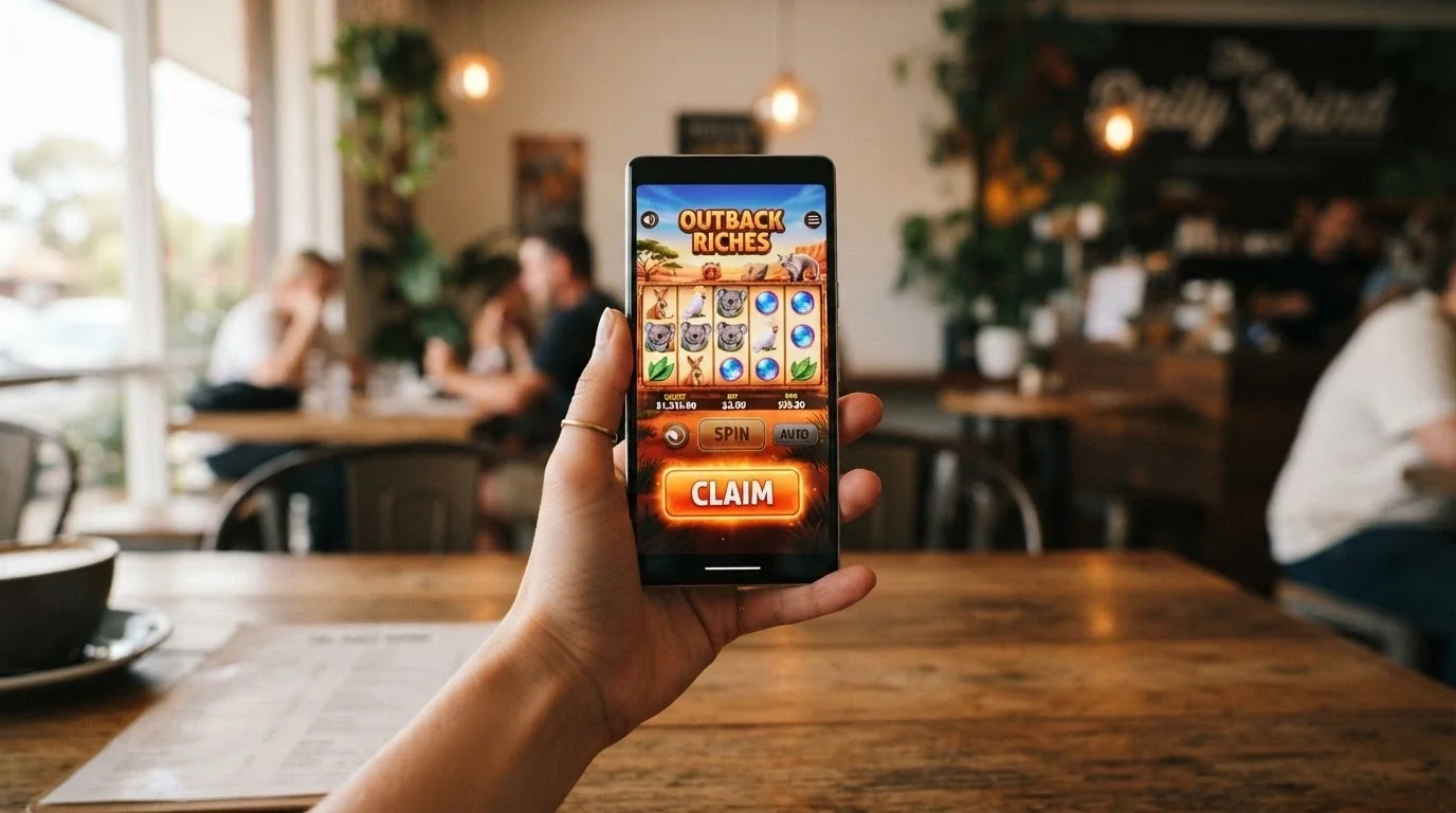 A hand holding a smartphone in portrait orientation, the screen displaying a pokie game with a “Claim Your 50 Spins” button at the bottom
