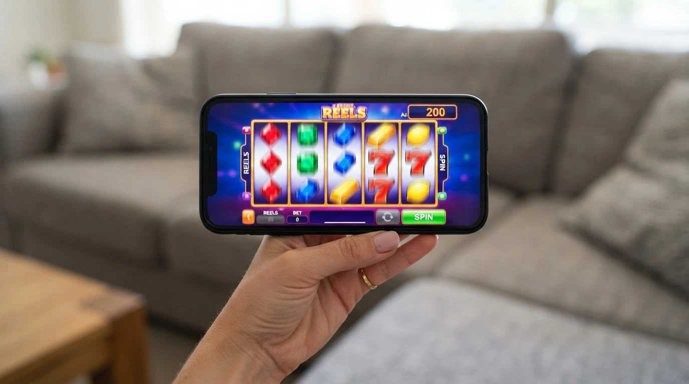 A hand holding a smartphone in landscape orientation, a pokies game filling the screen with five reels spinning and a “Free Spins: 200” counter in the corner