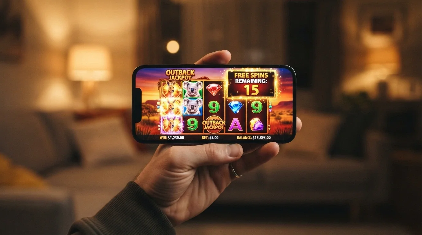 A hand holding a smartphone in landscape orientation showing a pokies game with the free spins counter active