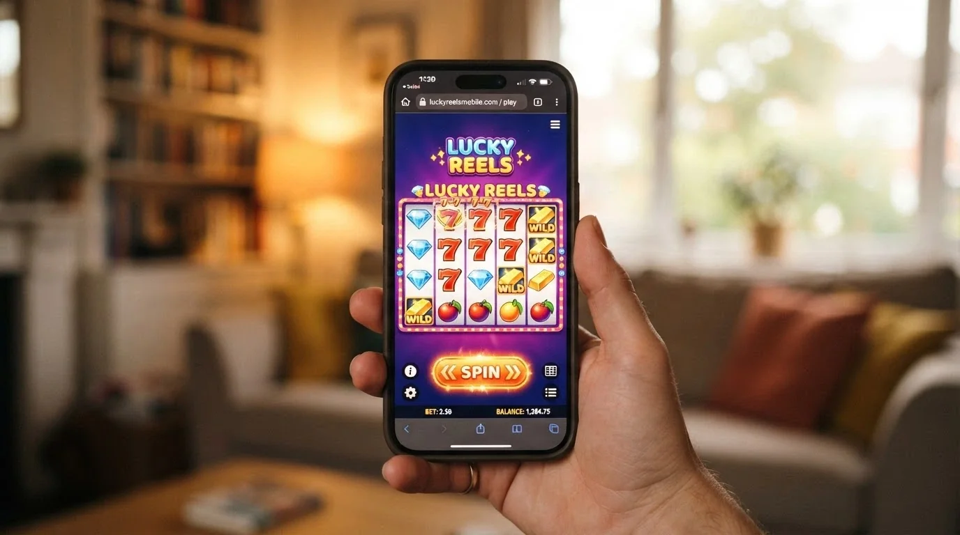 A 1Spin4Win slot running in vertical mode on a smartphone held in one hand, browser address bar visible
