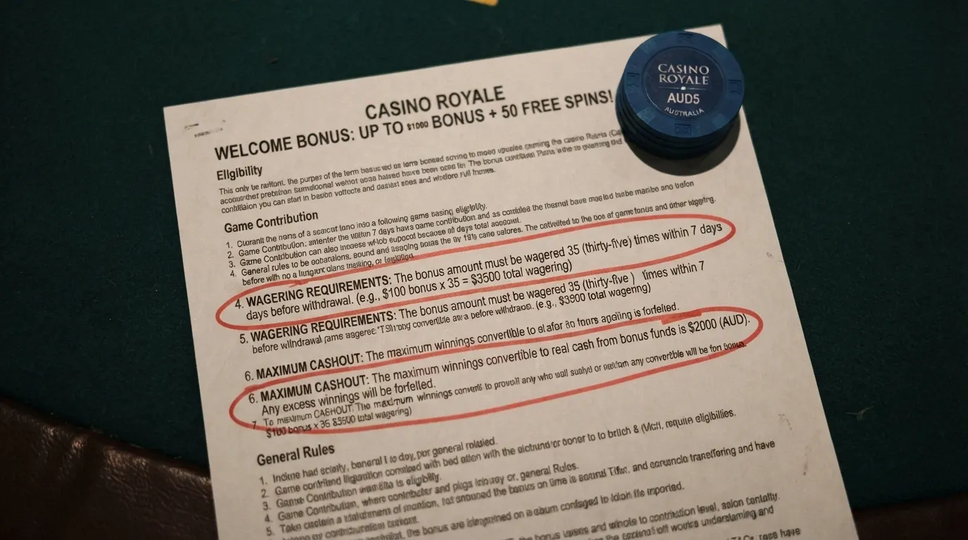 A close-up of bonus terms and conditions text on a casino promotions page, with the wagering requirement and max cashout lines circled or highlighted