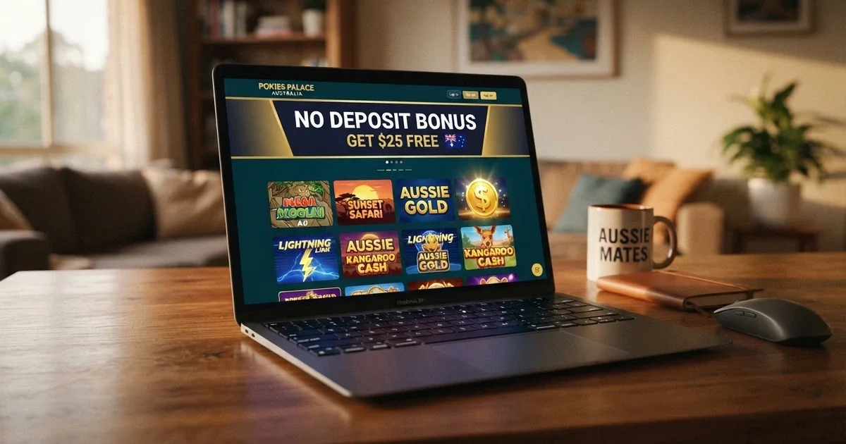 A laptop screen showing an online casino lobby with a “No Deposit Bonus — Claim Your Free Spins” promotional banner, an Australian dollar symbol visible on one of the game thumbnails