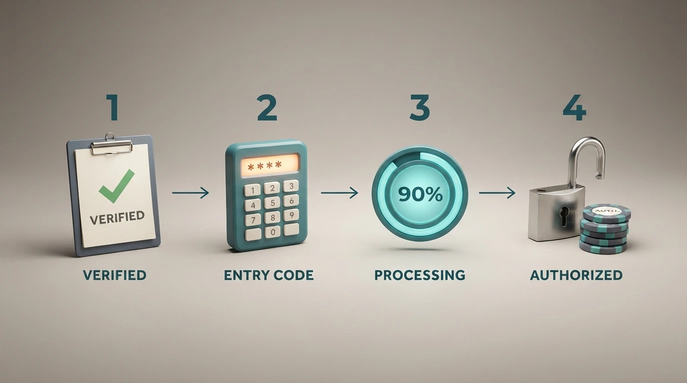 A four-step diagram showing registration, bonus-code entry, wagering progress bar and a withdrawal gate with a padlock