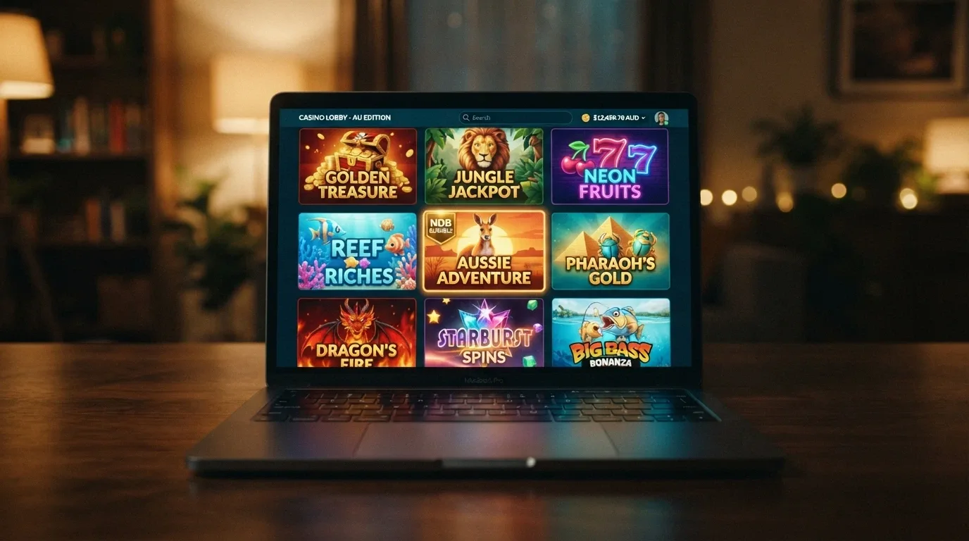 A grid of colourful online pokies game tiles on a casino site, with one tile marked “NDB Eligible” or showing a free-spins badge