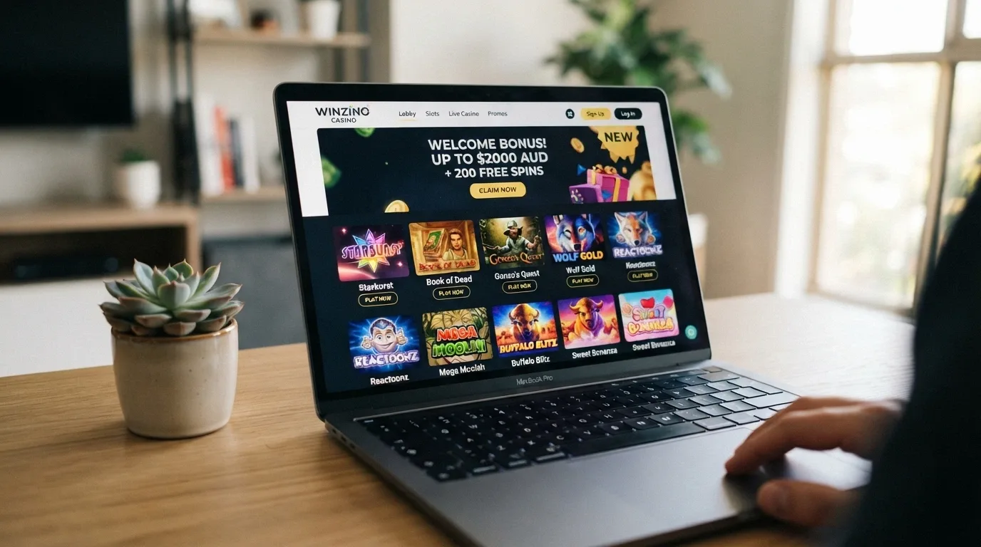 A clean, modern casino homepage with a “NEW” badge, a prominent welcome-offer banner and a sparse game lobby that still looks fresh