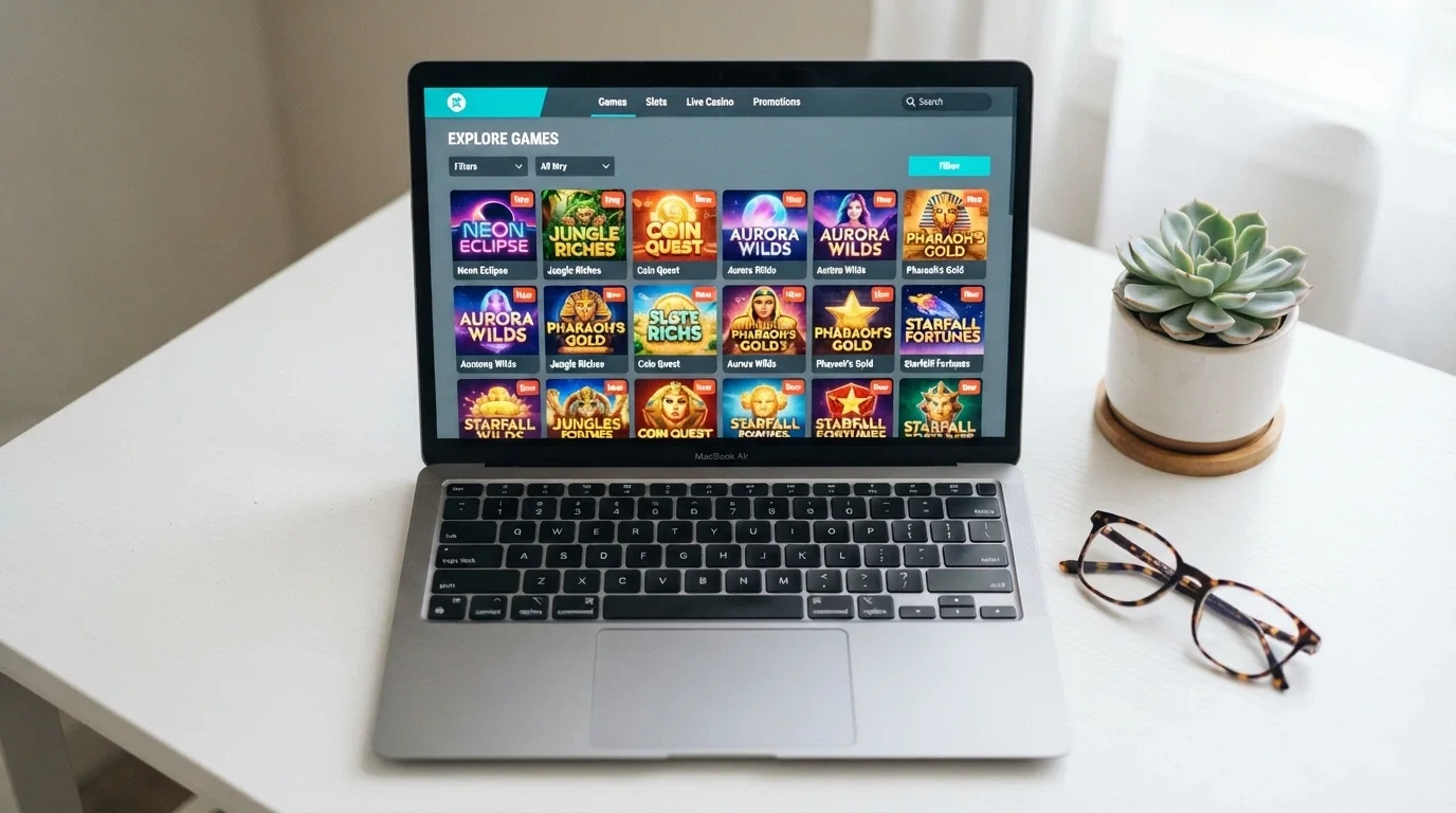 A fresh, modern casino-site interface displaying a Betsoft game lobby with “New” badges on recently added titles