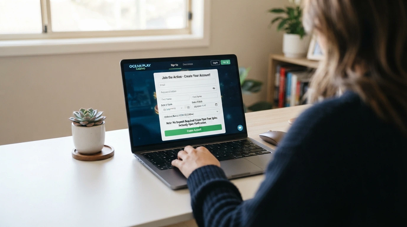 A sign-up form on a freshly designed casino website, with a welcome bonus field pre-filled and a “No Deposit Required” note visible
