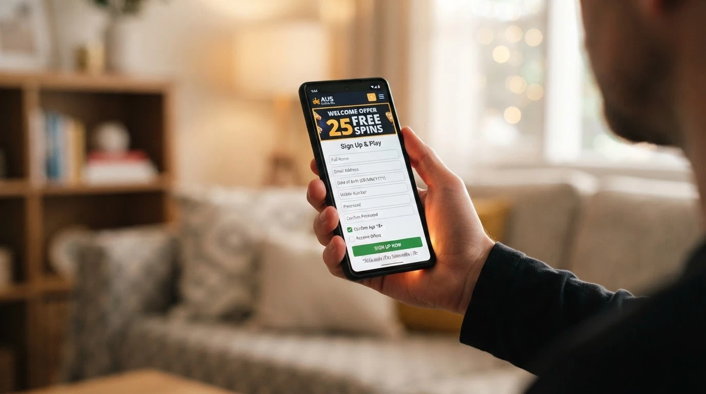 A registration form on a new casino website with the free spins welcome offer highlighted and the terms link visible