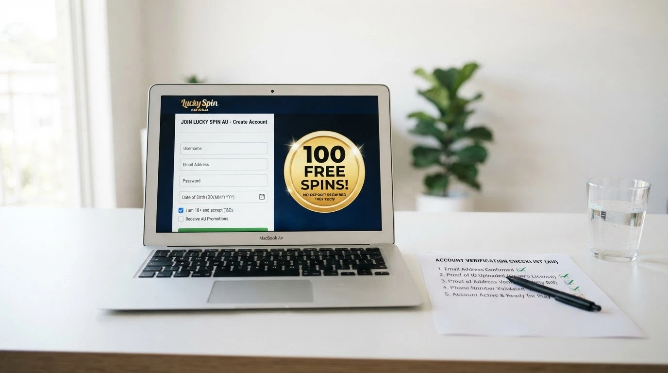 A clean, modern casino sign-up form on a laptop with a “100 Free Spins” badge, beside a checklist of terms to verify