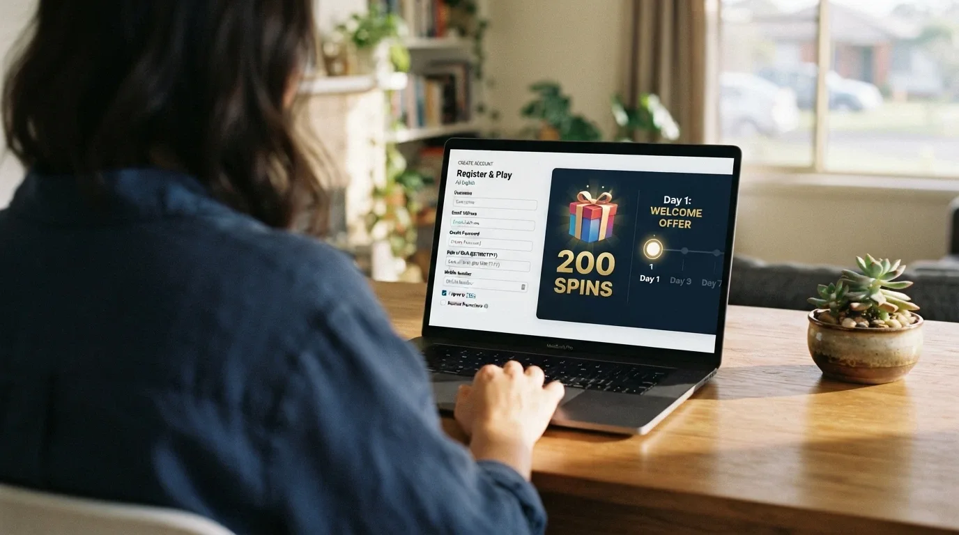 A stylised registration form on a laptop screen, a calendar icon showing “Day 1” beside a gift-box icon with “200 spins” on the label