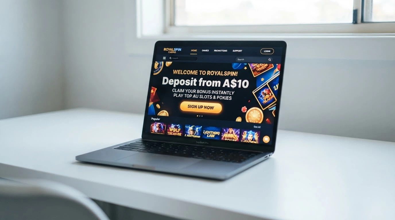 A recently launched online casino homepage with a low-deposit welcome-offer banner and a sign-up button