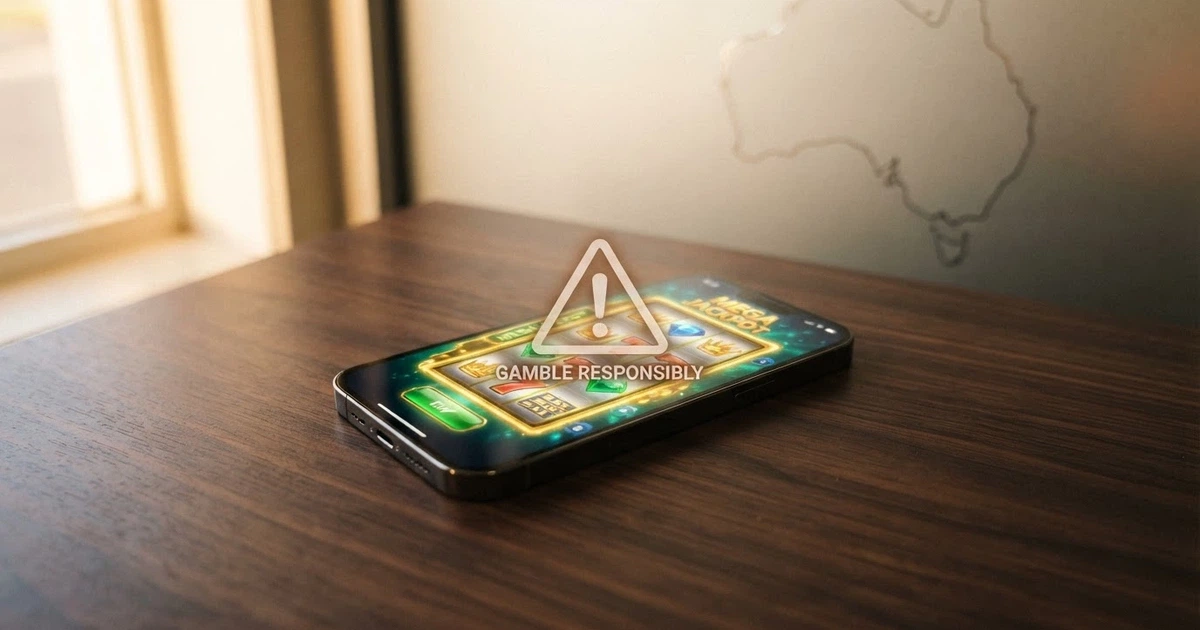 A smartphone screen displaying an online casino homepage with a no-deposit bonus banner, overlaid with a warning icon and an Australian map outline