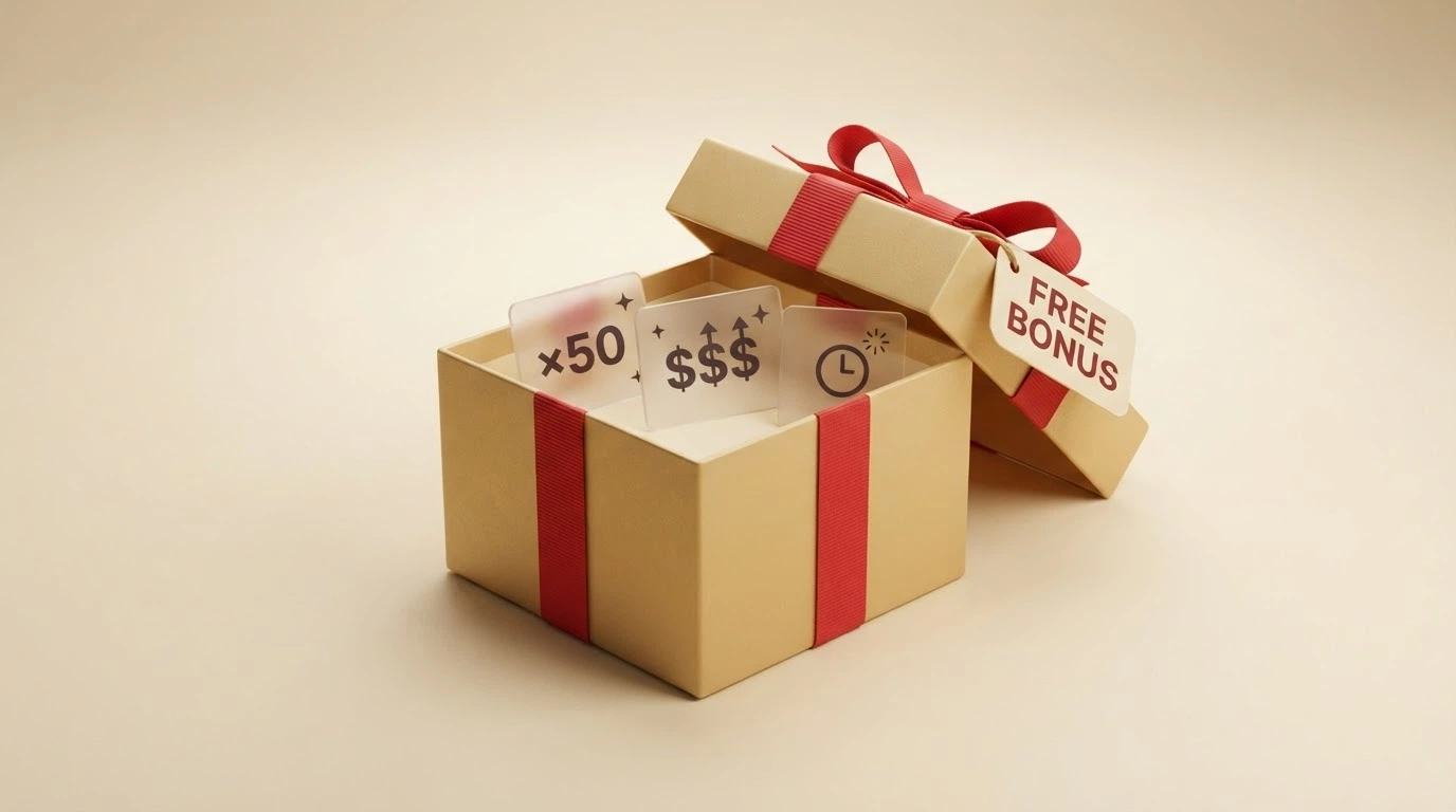 A gift box with a “Free Bonus” tag, partially unwrapped to reveal fine-print terms inside: a wagering-multiple calculator, a cashout-cap notice, and a countdown clock
