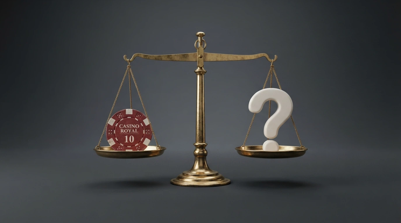 A balanced set of scales with a pokies chip on one side and a question mark on the other, against a plain dark background