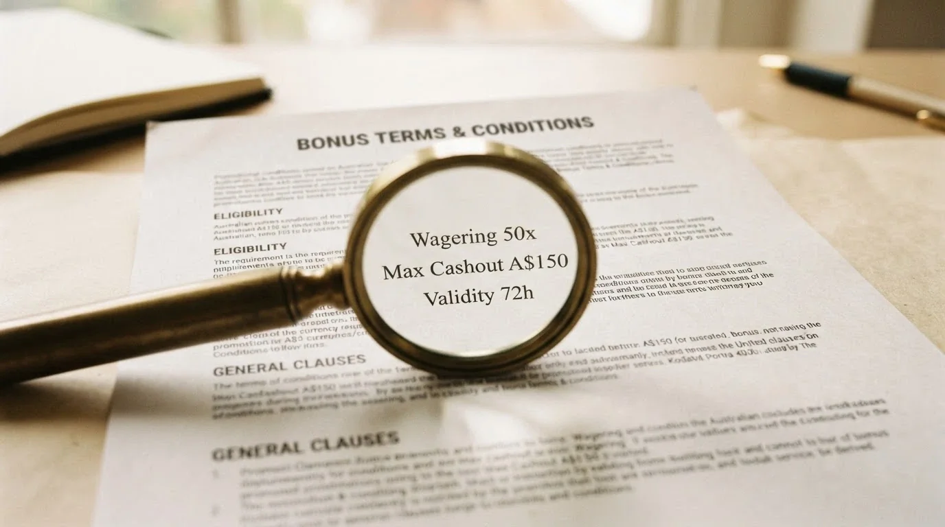 A close-up of bonus terms and conditions text with a magnifying glass highlighting wagering, cashout and validity clauses