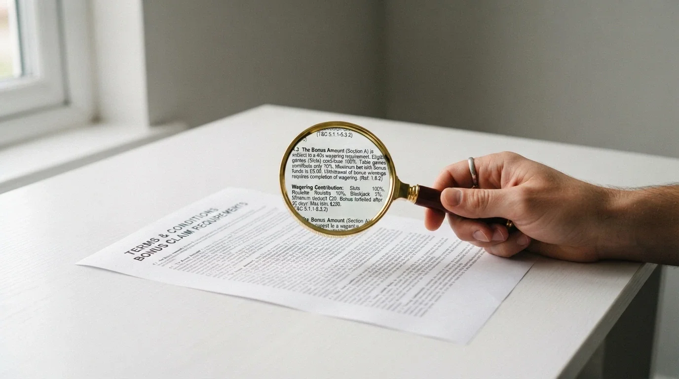 A magnifying glass over a bonus-terms pop-up window, highlighting wagering requirements and max-cashout figures in fine print