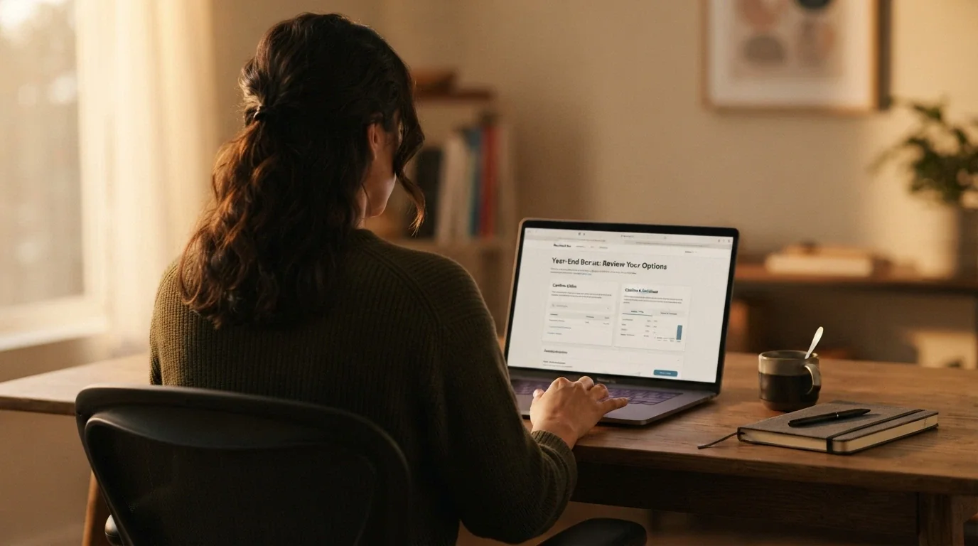 An Australian player sitting at a desk with a laptop, one hand resting thoughtfully near the keyboard — no casino branding visible, just the person and the decision