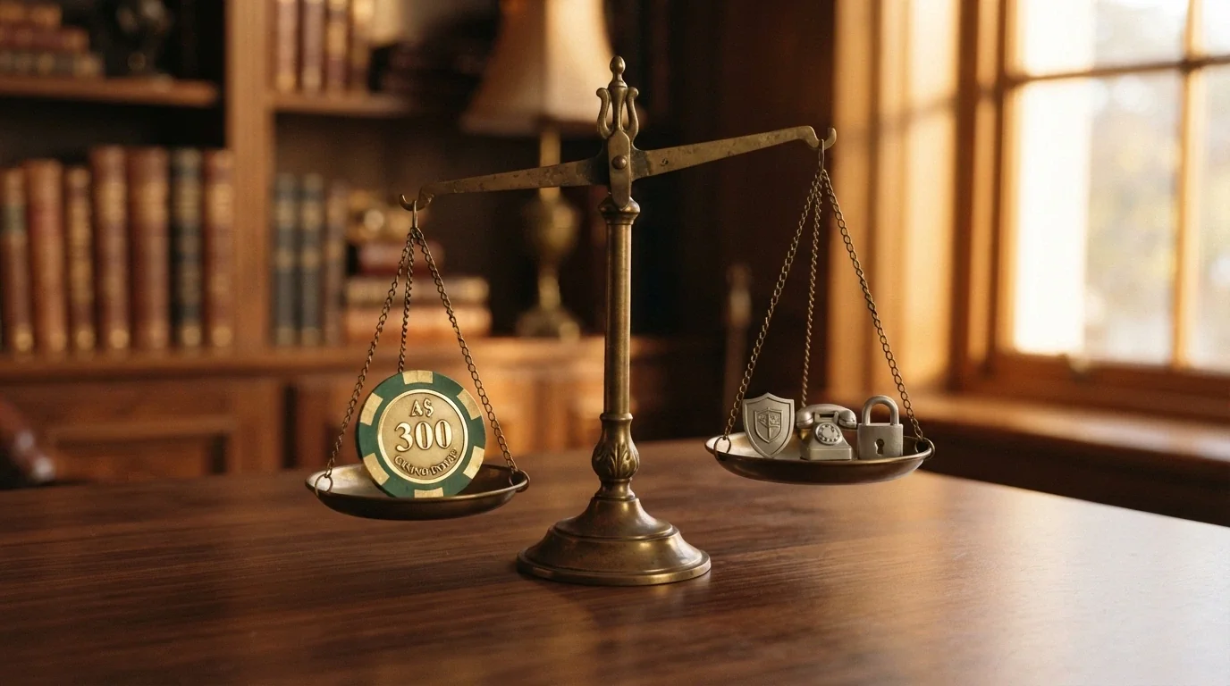 A set of balanced scales: on one side a casino chip labelled A$300, on the other side icons for consumer protection, BetStop, a helpline and an ACMA shield