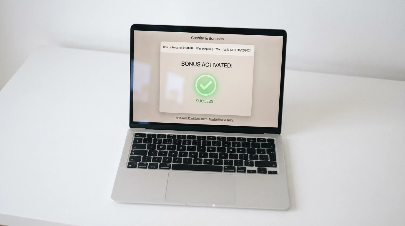 A laptop display showing a casino cashier page with a bonus-activation confirmation and a visible terms-and-conditions link