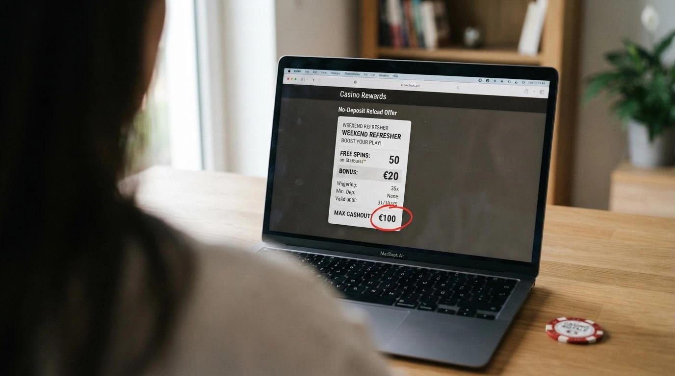 A casino promotions page showing a no-deposit reload offer with the maximum cashout cap circled in red