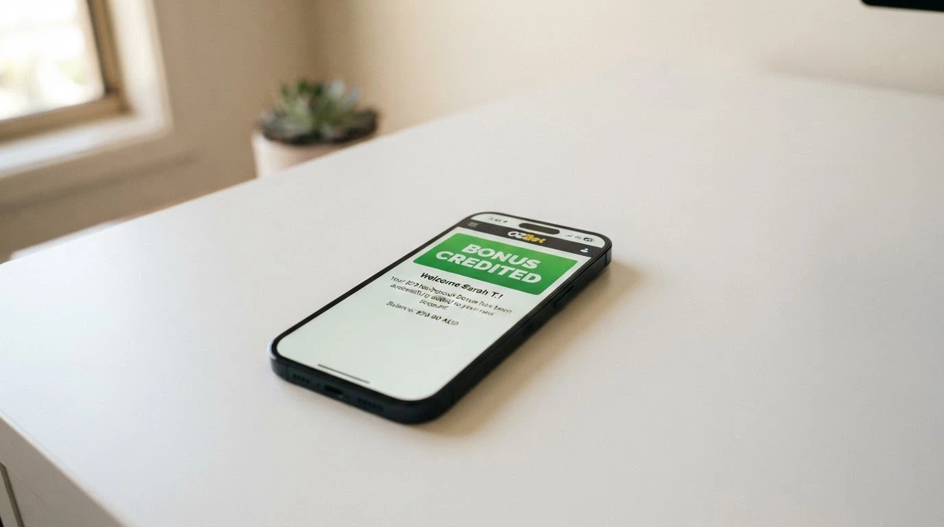 A casino registration form on a smartphone with a “bonus credited — no deposit required” confirmation message on screen