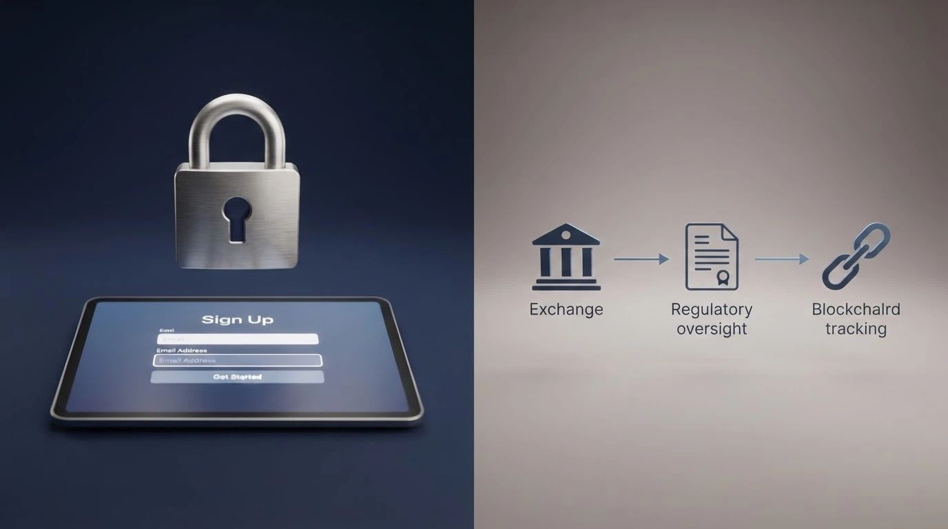A split-frame illustration: on the left, a padlock icon over a casino sign-up form with no ID field; on the right, a flowchart showing crypto exchange KYC → AUSTRAC reporting → blockchain trace.