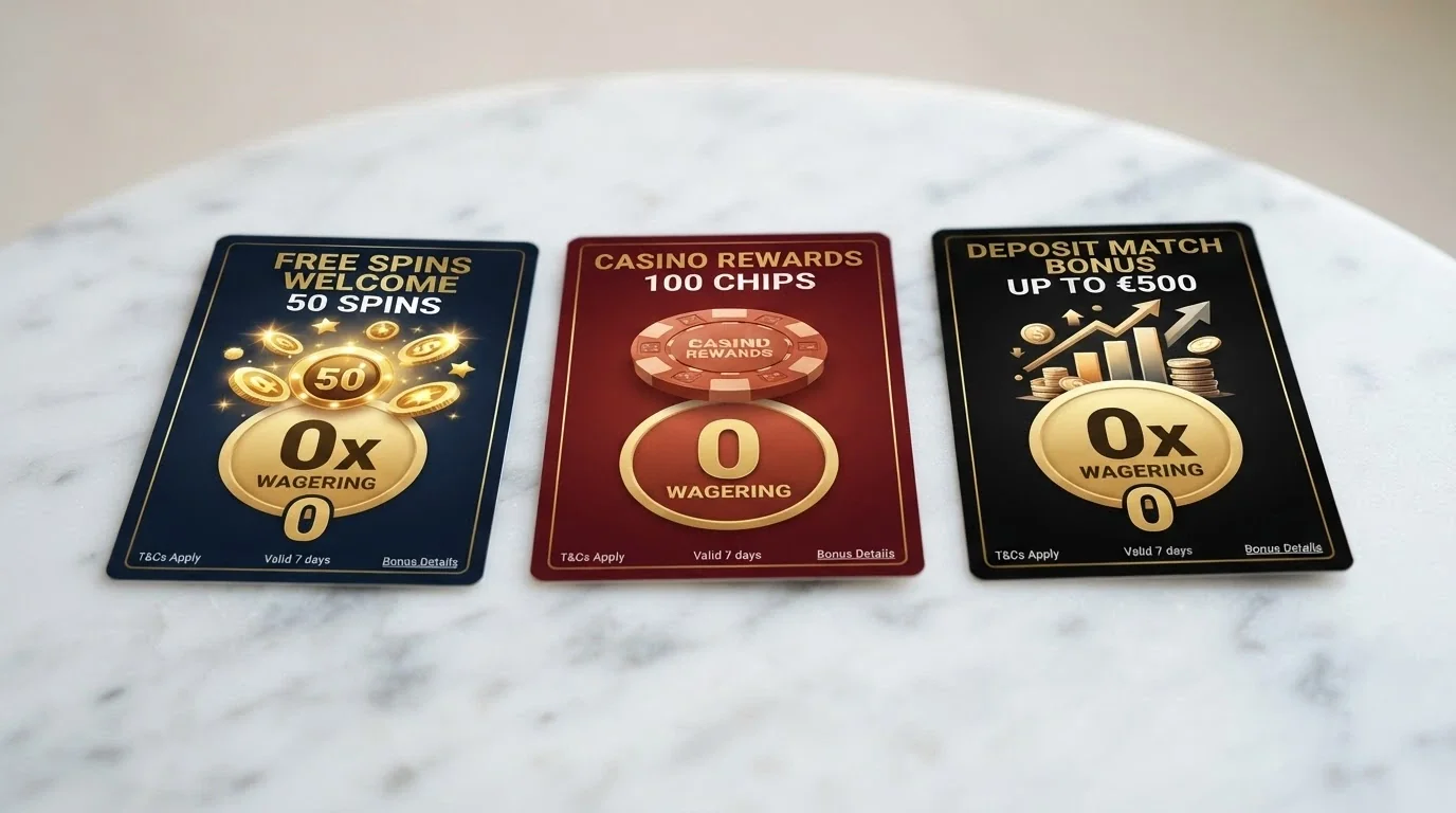 Three distinct bonus-offer cards laid out side by side — one labelled free spins, one a cash chip, one a deposit match — each showing its wagering-multiplier line as zero.